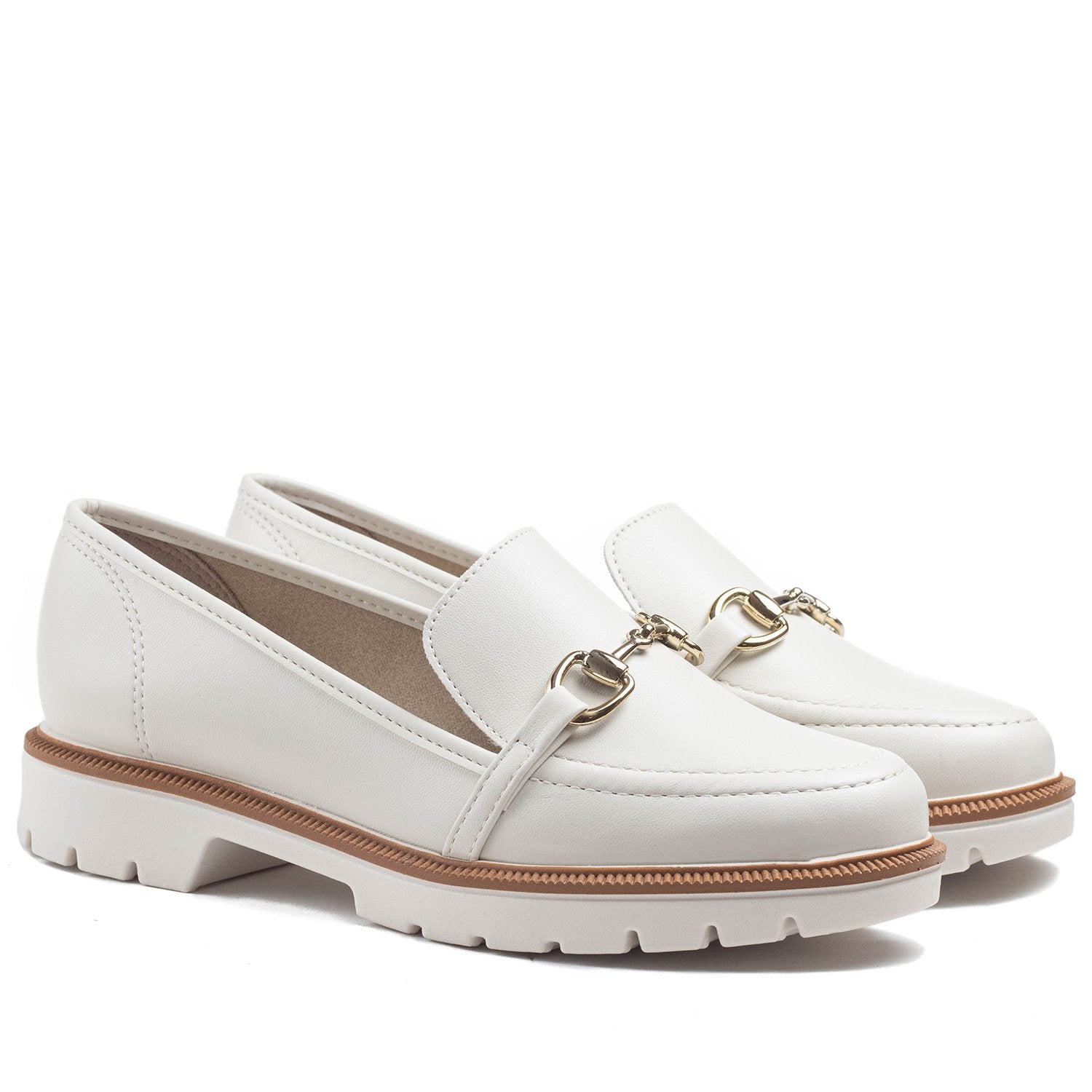 Sapato Mocassim Beira Rio Tratorado  Branco Off / Camel