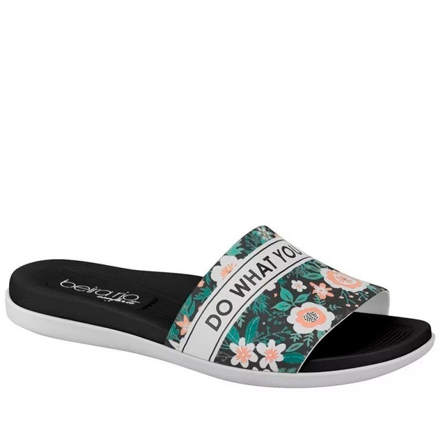 Chinelo Slide Beira Rio Floral  Preto